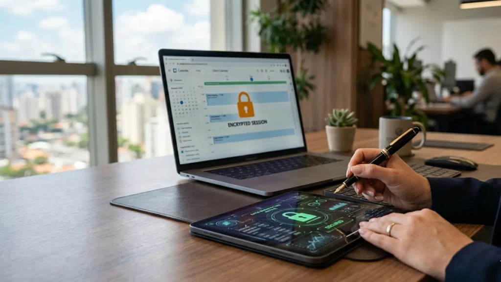 Computador de escritório exibindo tela de agendamento digital protegida por criptografia, simbolizando a adequação de empresas à LGPD em São Paulo.