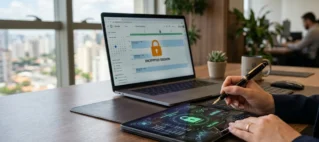 Computador de escritório exibindo tela de agendamento digital protegida por criptografia, simbolizando a adequação de empresas à LGPD em São Paulo.