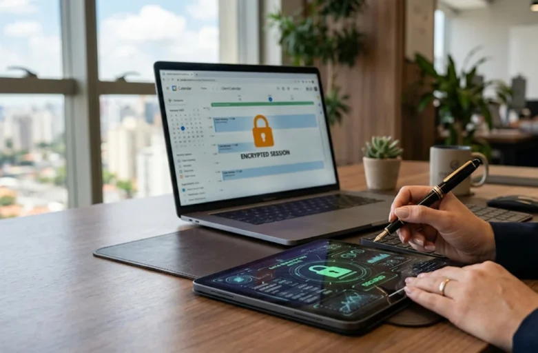 Computador de escritório exibindo tela de agendamento digital protegida por criptografia, simbolizando a adequação de empresas à LGPD em São Paulo.