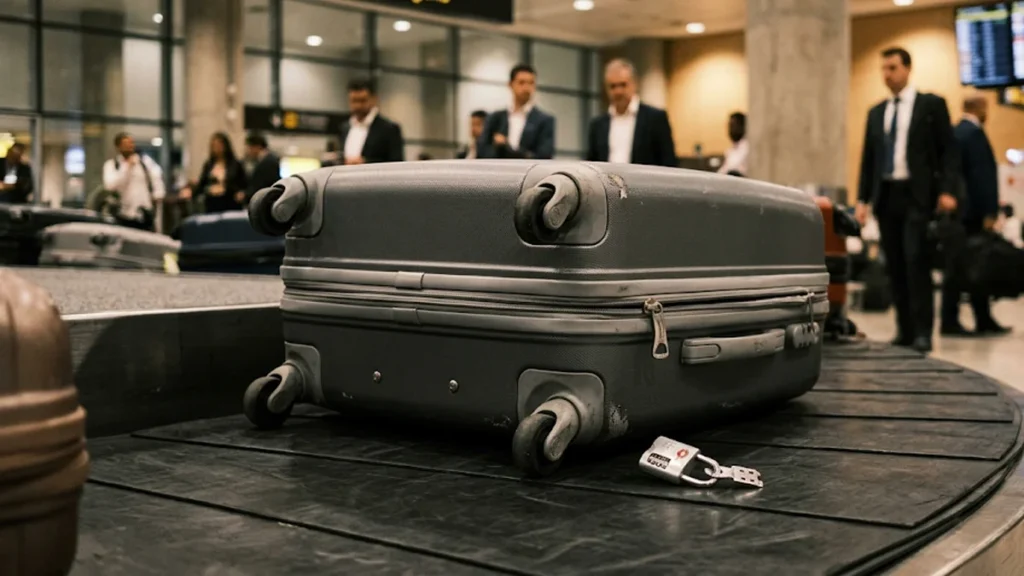 Close-up fotográfico realista de uma mala de viagem premium danificada com um cadeado TSA quebrado no zíper, sobre uma esteira de bagagem em um aeroporto de São Paulo, sugerindo furto de pertences.