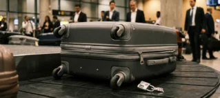Close-up fotográfico realista de uma mala de viagem premium danificada com um cadeado TSA quebrado no zíper, sobre uma esteira de bagagem em um aeroporto de São Paulo, sugerindo furto de pertences.