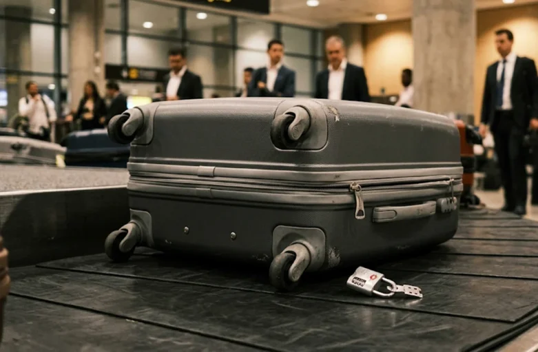 Close-up fotográfico realista de uma mala de viagem premium danificada com um cadeado TSA quebrado no zíper, sobre uma esteira de bagagem em um aeroporto de São Paulo, sugerindo furto de pertences.