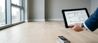 Profissional jurídico em São Paulo analisando planta em tablet com trena laser no chão de apartamento com metragem divergente.