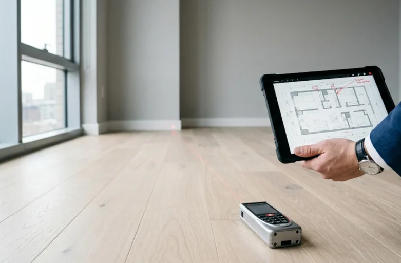Profissional jurídico em São Paulo analisando planta em tablet com trena laser no chão de apartamento com metragem divergente.