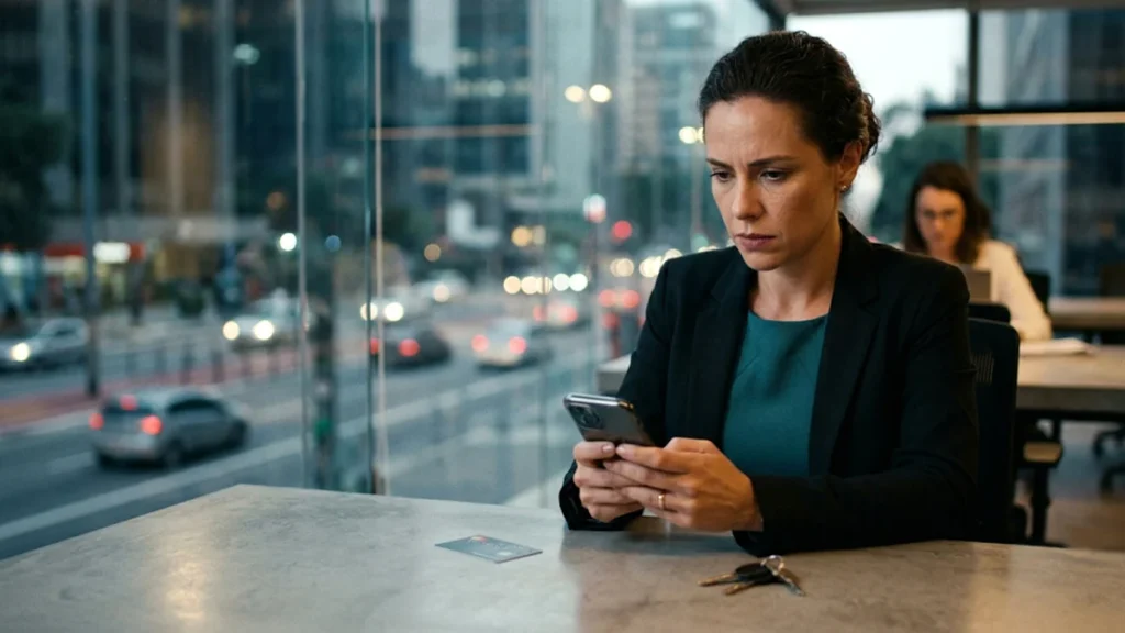 Fotografia hiper-realista focada no rosto de uma mulher em São Paulo, iluminado pela tela do celular em um ambiente intimista, expressando preocupação ao ler mensagem de golpe de atualização cadastral bancária no WhatsApp.