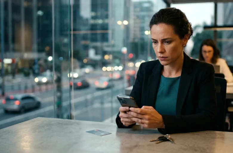 Fotografia hiper-realista focada no rosto de uma mulher em São Paulo, iluminado pela tela do celular em um ambiente intimista, expressando preocupação ao ler mensagem de golpe de atualização cadastral bancária no WhatsApp.