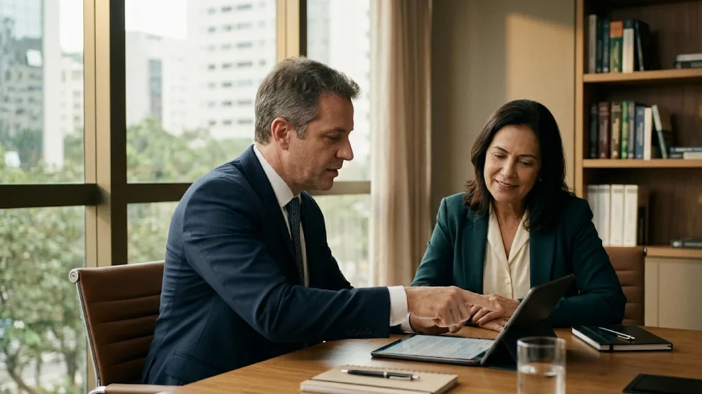 Advogado especialista orientando cliente em escritório de advocacia sobre os direitos do consumidor em caso de negativação indevida por taxas bancárias.