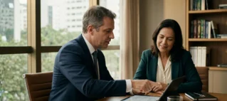 Advogado especialista orientando cliente em escritório de advocacia sobre os direitos do consumidor em caso de negativação indevida por taxas bancárias.