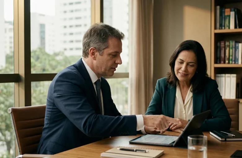 Advogado especialista orientando cliente em escritório de advocacia sobre os direitos do consumidor em caso de negativação indevida por taxas bancárias.