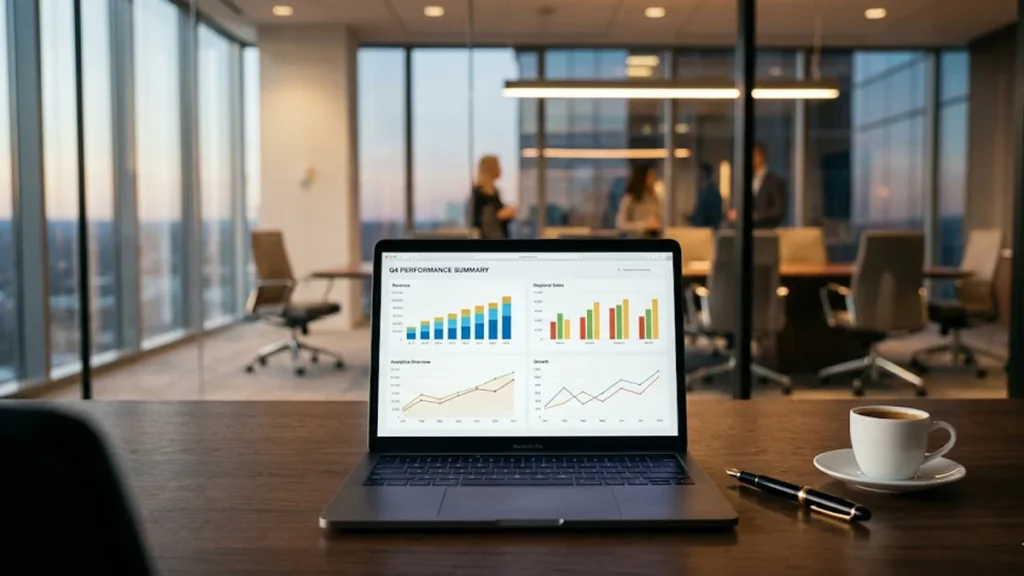 Escrivaninha de escritório moderno com notebook e relatórios financeiros, simbolizando o planejamento tributário internacional e regularidade fiscal de quem reside no exterior.