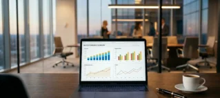 Escrivaninha de escritório moderno com notebook e relatórios financeiros, simbolizando o planejamento tributário internacional e regularidade fiscal de quem reside no exterior.