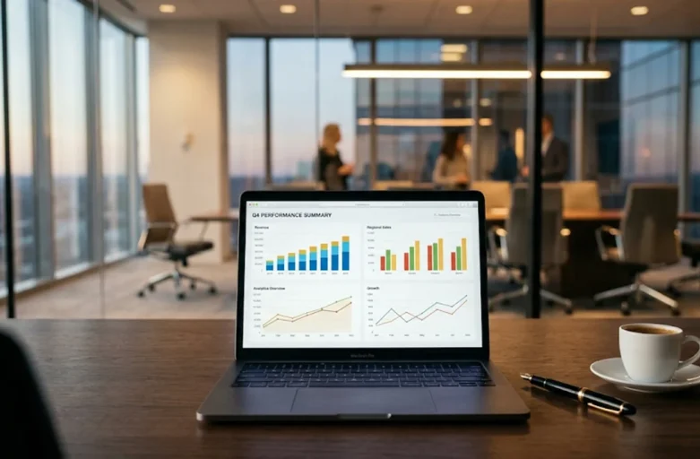 Escrivaninha de escritório moderno com notebook e relatórios financeiros, simbolizando o planejamento tributário internacional e regularidade fiscal de quem reside no exterior.