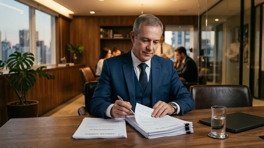Gestor corporativo analisando histórico de advertências trabalhistas em sala de reunião em São Paulo para tomada de decisão sobre desligamento por justa causa.