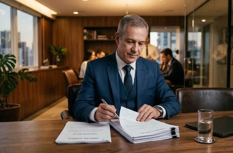 Gestor corporativo analisando histórico de advertências trabalhistas em sala de reunião em São Paulo para tomada de decisão sobre desligamento por justa causa.