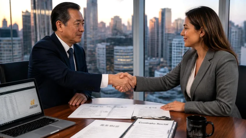 Fotografia corporativa realista de um empresário chinês e uma advogada brasileira apertando as mãos em um escritório de São Paulo, sobre documentos de contrato social para abertura de empresa.