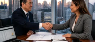Fotografia corporativa realista de um empresário chinês e uma advogada brasileira apertando as mãos em um escritório de São Paulo, sobre documentos de contrato social para abertura de empresa.