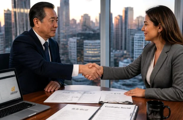 Fotografia corporativa realista de um empresário chinês e uma advogada brasileira apertando as mãos em um escritório de São Paulo, sobre documentos de contrato social para abertura de empresa.
