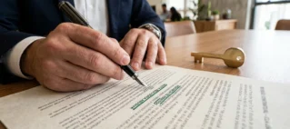 Close de mão de advogado em São Paulo analisando contrato de aluguel e grifando com caneta de tinta verde cláusulas ilegais como 'multa rescisória abusiva' e 'renúncia de direitos', indicando nulidade jurídica.