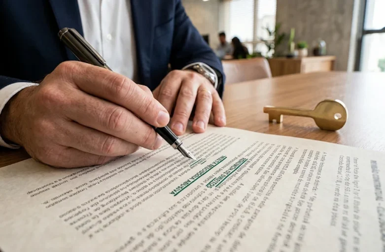 Close de mão de advogado em São Paulo analisando contrato de aluguel e grifando com caneta de tinta verde cláusulas ilegais como 'multa rescisória abusiva' e 'renúncia de direitos', indicando nulidade jurídica.