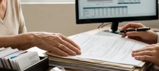 Close-up das mãos de uma advogada e uma cliente idosa analisando contratos de empréstimo abusivo RMC em um escritório em São Paulo. No fundo, gráfico de juros em um monitor.