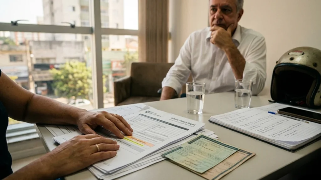 Fotografia foca nas mãos de cliente e advogado analisando documentos de transferência de moto e relatórios de débitos sobre uma mesa de escritório em São Paulo