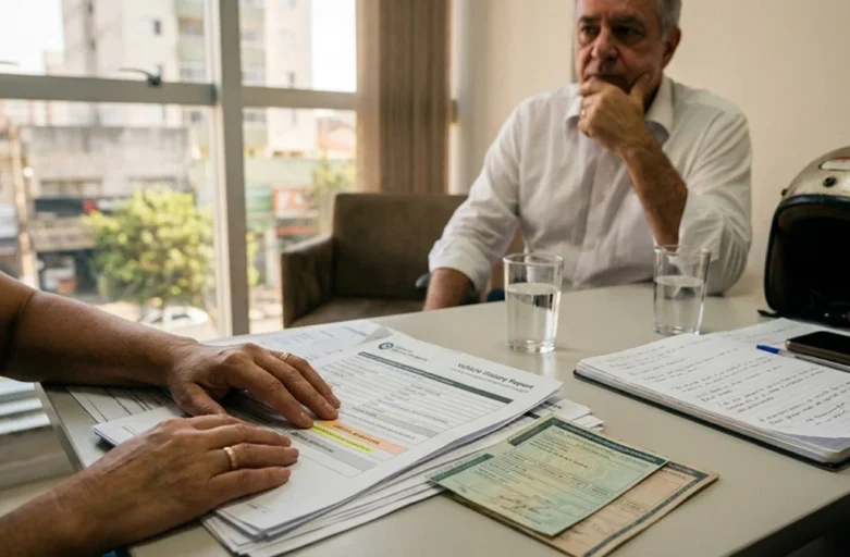 Fotografia foca nas mãos de cliente e advogado analisando documentos de transferência de moto e relatórios de débitos sobre uma mesa de escritório em São Paulo