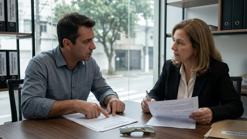 Advogado experiente em São Paulo orientando cliente preocupado sobre responsabilidade solidária de seguradora e oficina referenciada por serviço de má qualidade, analisando contrato com os termos