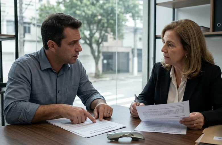 Advogado experiente em São Paulo orientando cliente preocupado sobre responsabilidade solidária de seguradora e oficina referenciada por serviço de má qualidade, analisando contrato com os termos