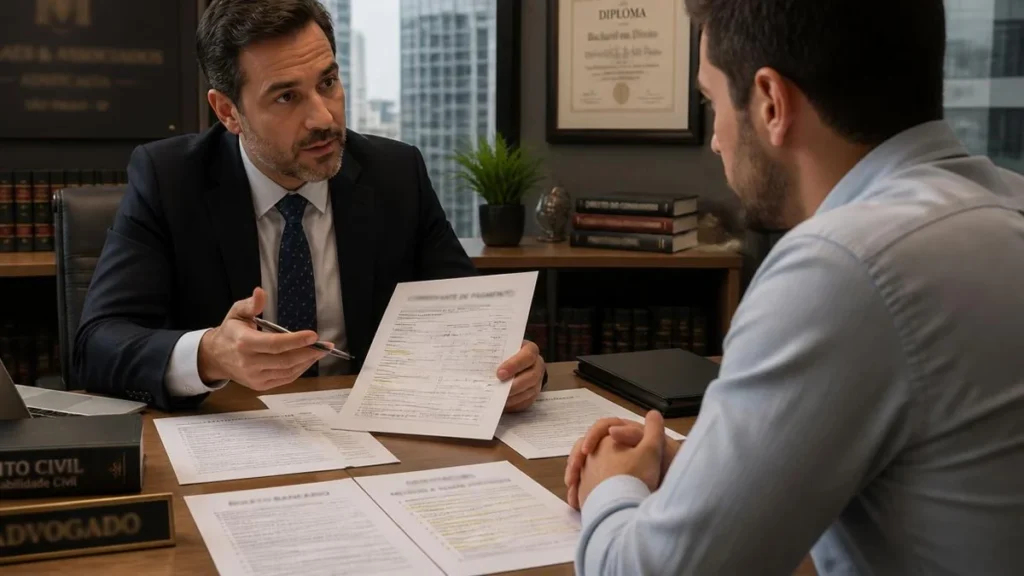 Advogado sênior em escritório de São Paulo orientando cliente sobre como proceder após ser vítima de golpe do boleto falso, analisando documentos sobre a mesa.