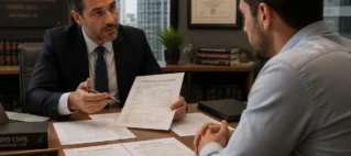 Advogado sênior em escritório de São Paulo orientando cliente sobre como proceder após ser vítima de golpe do boleto falso, analisando documentos sobre a mesa.