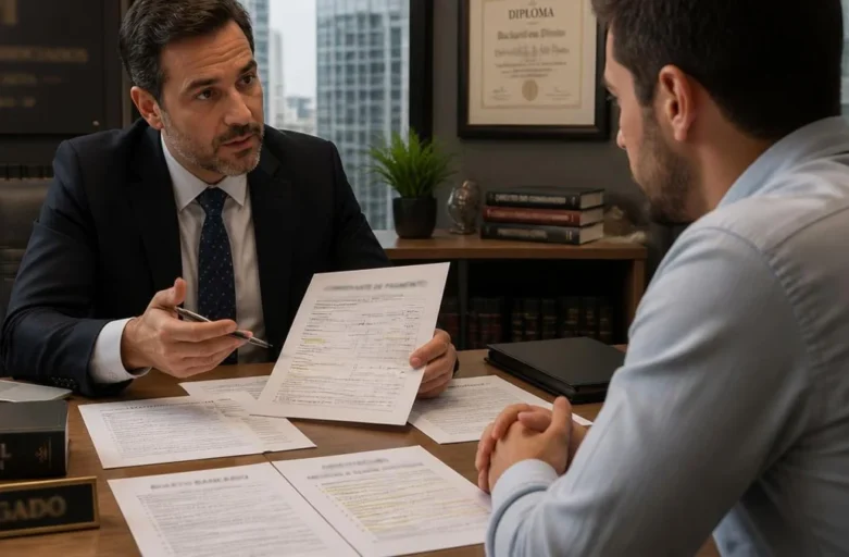 Advogado sênior em escritório de São Paulo orientando cliente sobre como proceder após ser vítima de golpe do boleto falso, analisando documentos sobre a mesa.