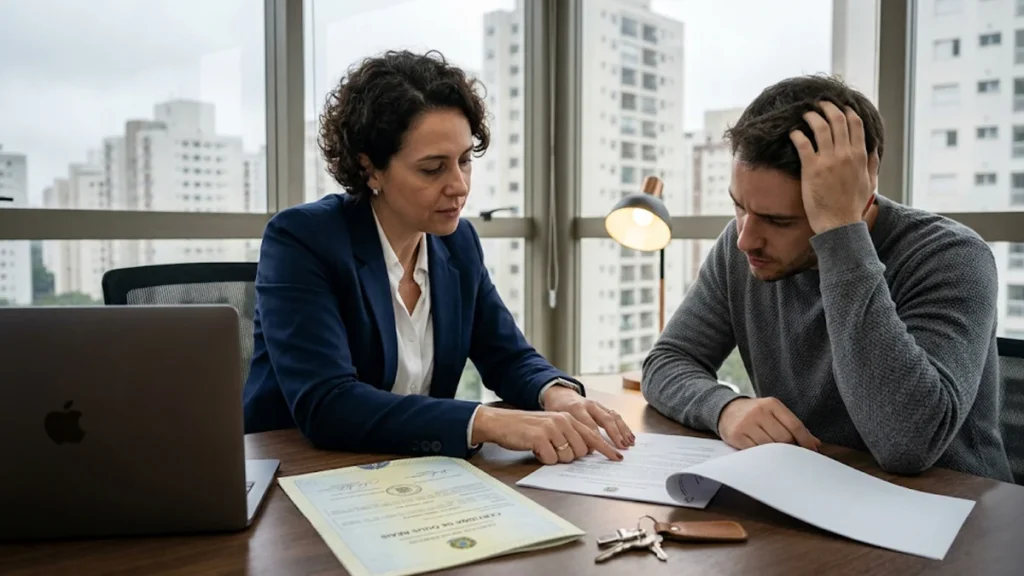 Advogada especialista em direito imobiliário em São Paulo analisando Certidão de Ônus Reais com cliente em escritório.