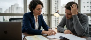 Advogada especialista em direito imobiliário em São Paulo analisando Certidão de Ônus Reais com cliente em escritório.