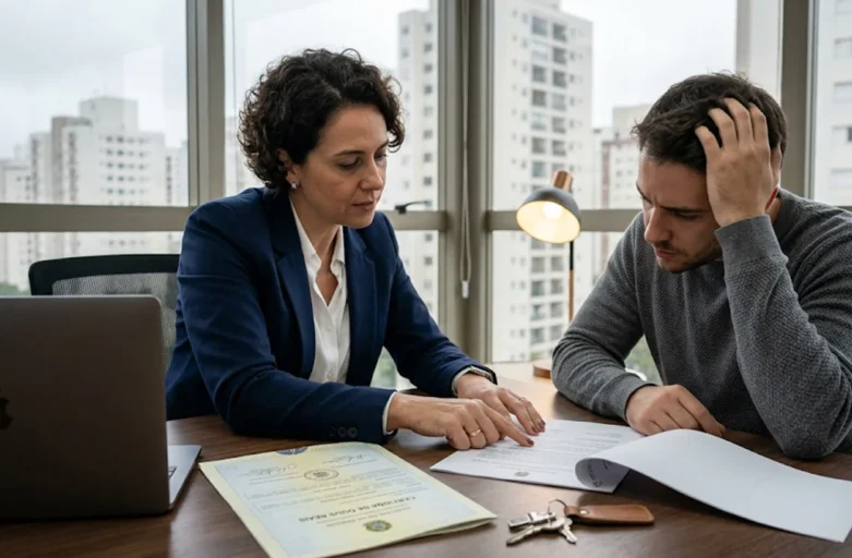 Advogada especialista em direito imobiliário em São Paulo analisando Certidão de Ônus Reais com cliente em escritório.