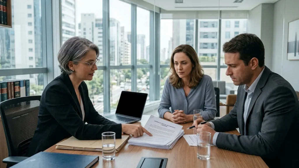Reunião consultiva entre um casal e uma advogada especialista em Direito de Família em um escritório moderno em São Paulo