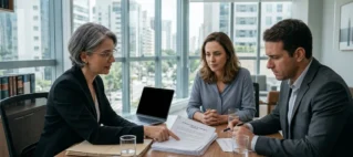 Reunião consultiva entre um casal e uma advogada especialista em Direito de Família em um escritório moderno em São Paulo