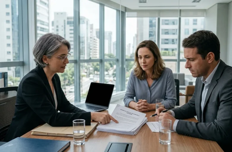 Reunião consultiva entre um casal e uma advogada especialista em Direito de Família em um escritório moderno em São Paulo