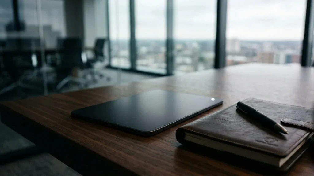 Mesa de reunião moderna em madeira escura com tablet e caneta, ilustrando o ambiente corporativo de resolução de conflitos contratuais por atraso de repasse de aluguel por plataformas digitais.