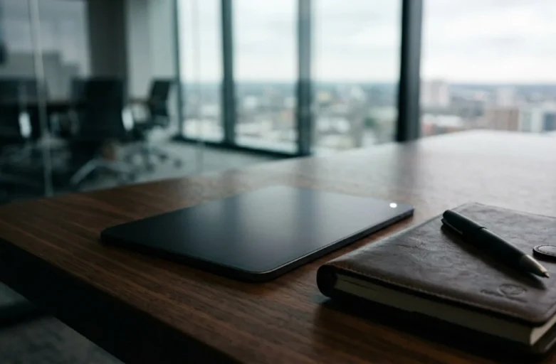 Mesa de reunião moderna em madeira escura com tablet e caneta, ilustrando o ambiente corporativo de resolução de conflitos contratuais por atraso de repasse de aluguel por plataformas digitais.