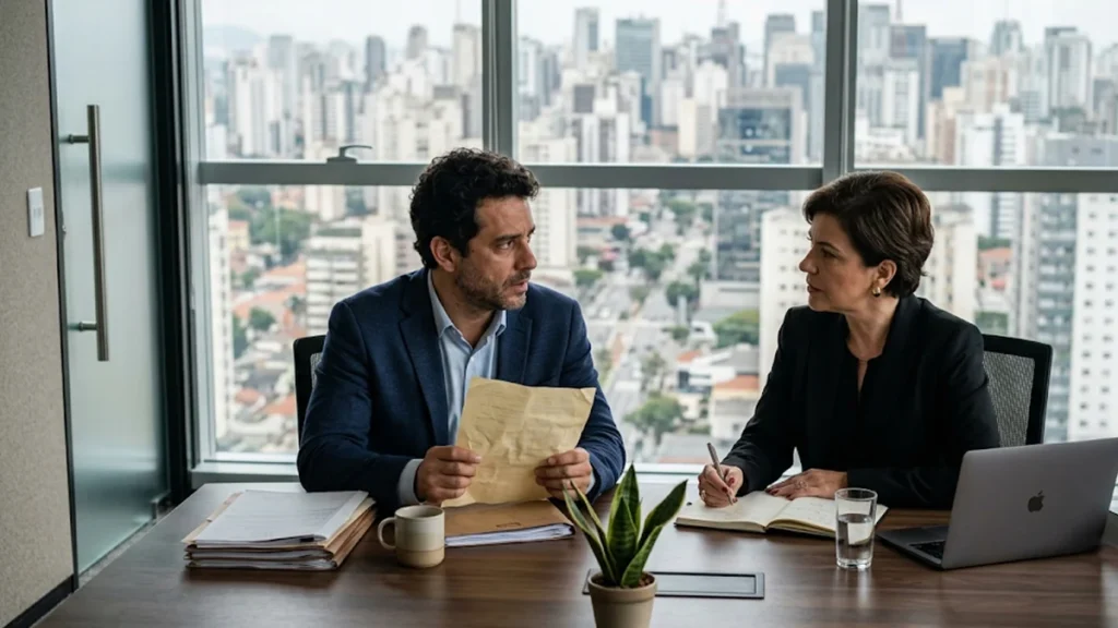 Homem preocupado em consulta com advogada em escritório moderno em São Paulo, discutindo documento jurídico sobre conflito de vaga de garagem em condomínio.