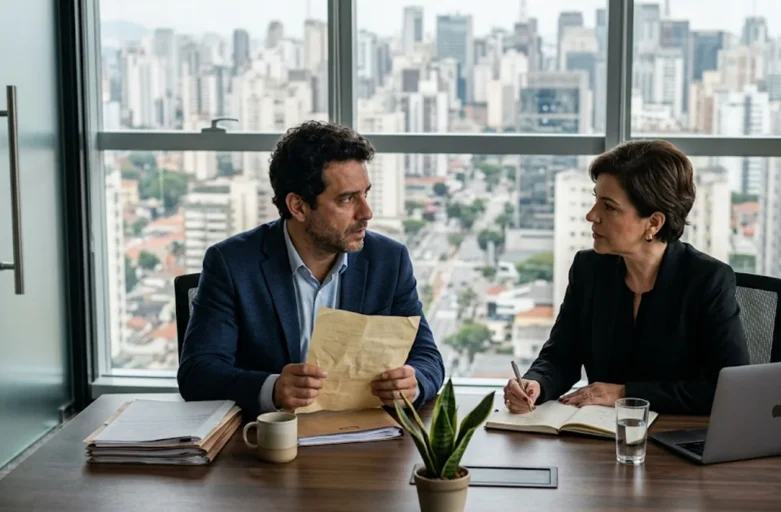 Homem preocupado em consulta com advogada em escritório moderno em São Paulo, discutindo documento jurídico sobre conflito de vaga de garagem em condomínio.