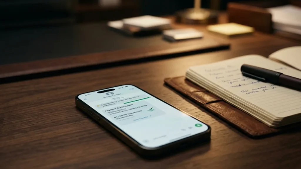 Smartphone sobre mesa de escritório exibindo aplicativo de mensagens com transação financeira e anotações jurídicas ao lado.