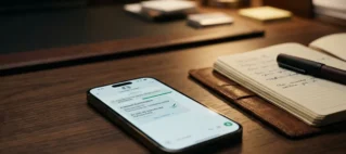 Smartphone sobre mesa de escritório exibindo aplicativo de mensagens com transação financeira e anotações jurídicas ao lado.