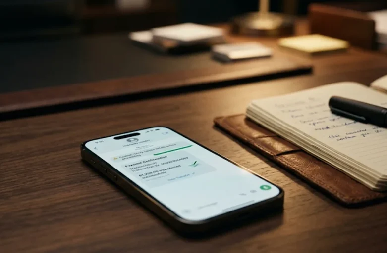 Smartphone sobre mesa de escritório exibindo aplicativo de mensagens com transação financeira e anotações jurídicas ao lado.