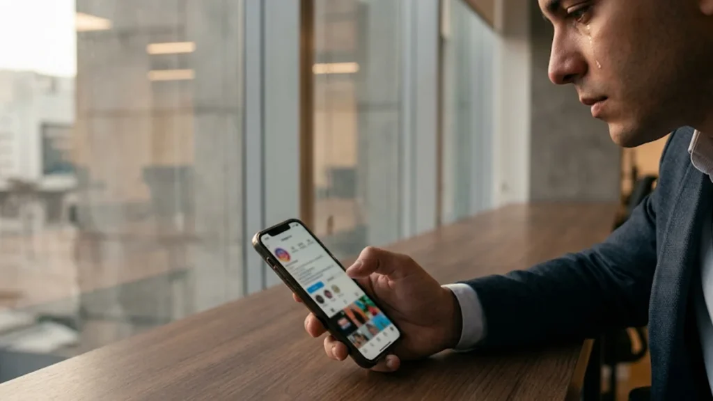 Close de pessoa em escritório moderno em São Paulo segurando celular com perfil do Instagram desfocado, expressando angústia após demissão por justa causa.