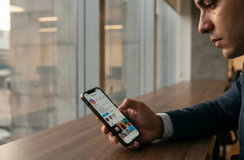 Close de pessoa em escritório moderno em São Paulo segurando celular com perfil do Instagram desfocado, expressando angústia após demissão por justa causa.