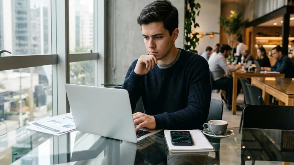 Estudante universitário concentrado analisando documentos de estágio em um notebook, buscando resolver pendências financeiras e atraso no pagamento da bolsa.