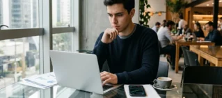 Estudante universitário concentrado analisando documentos de estágio em um notebook, buscando resolver pendências financeiras e atraso no pagamento da bolsa.