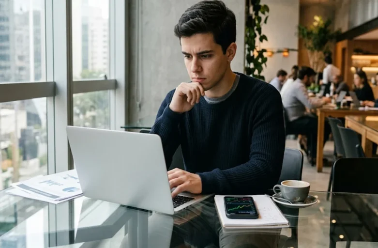Estudante universitário concentrado analisando documentos de estágio em um notebook, buscando resolver pendências financeiras e atraso no pagamento da bolsa.