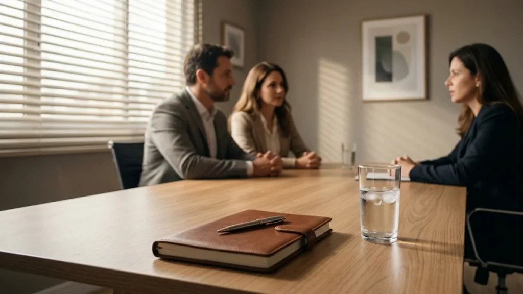Mesa de reunião corporativa durante consultoria jurídica sobre regime de convivência e guarda compartilhada na Grande São Paulo.
